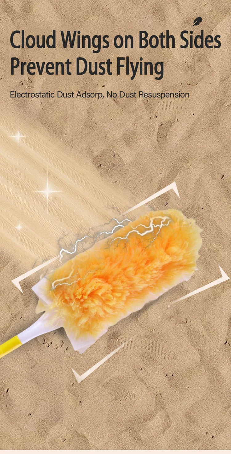An orange electrostatic duster with cloud wings is shown against a sandy background.