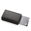 A black leather card holder with a textured finish and multiple cards inside.