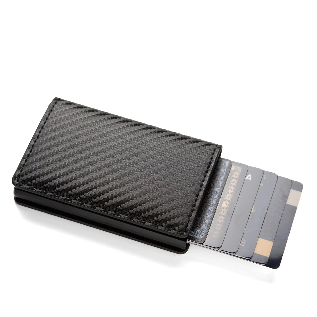 A black leather card holder with a textured finish and multiple cards inside.