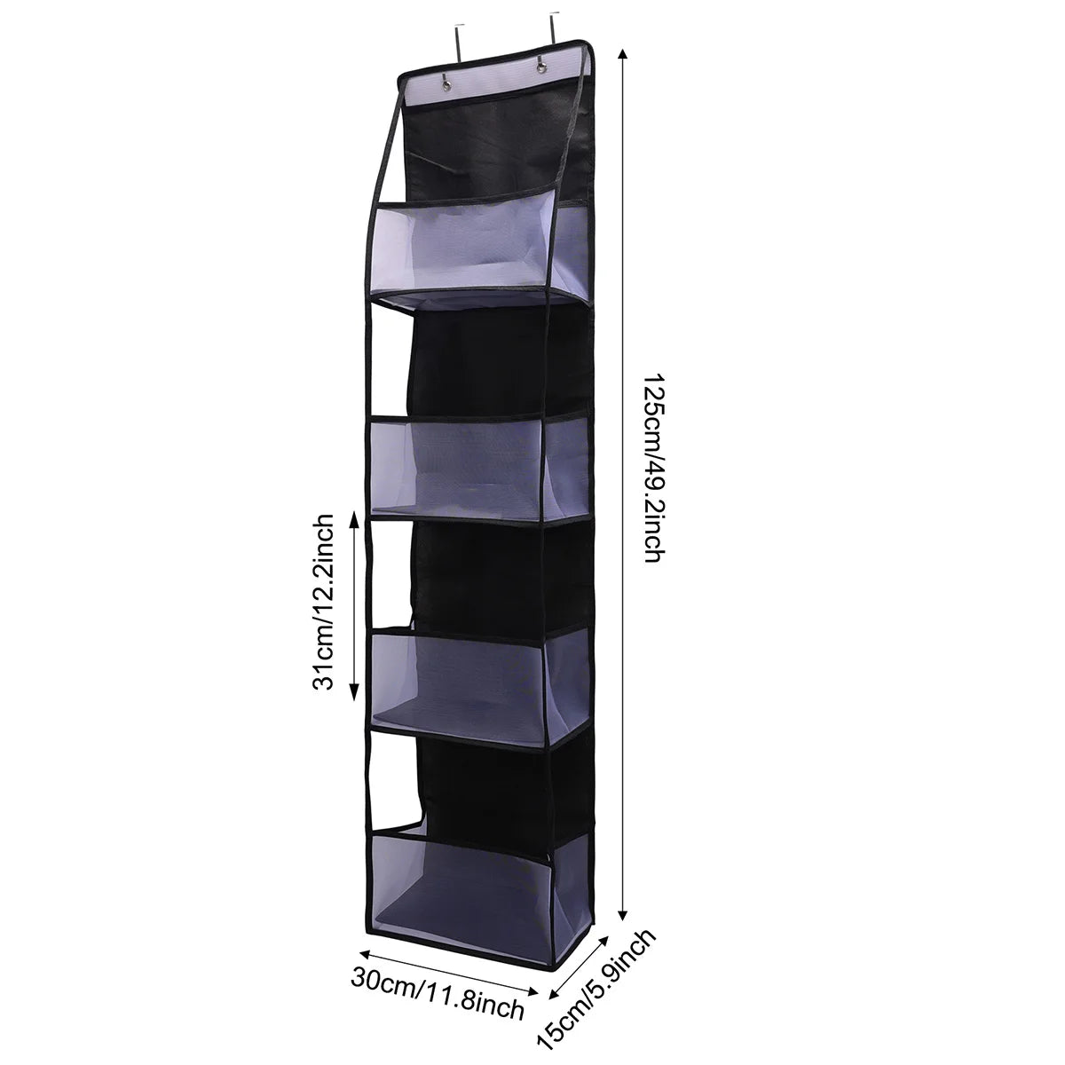 A tall, black over-the-door hanging organizer with clear compartments and adjustable height markings.