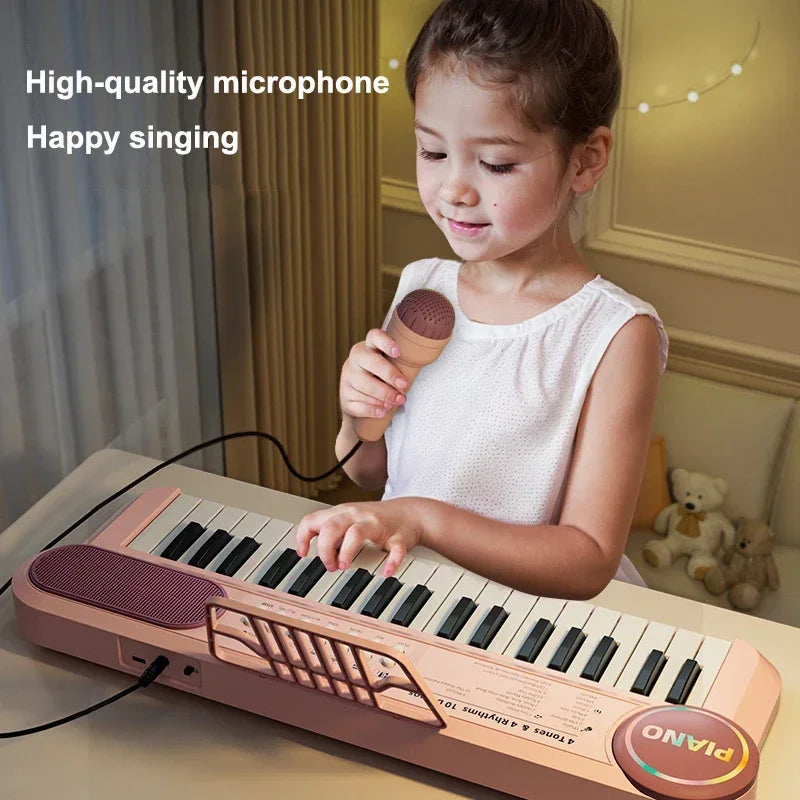 A young girl is playing a pink electronic keyboard piano with a microphone, smiling while singing.