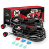 A box and coiled black LED light bar wiring harness kit with an on/off switch and relay components.