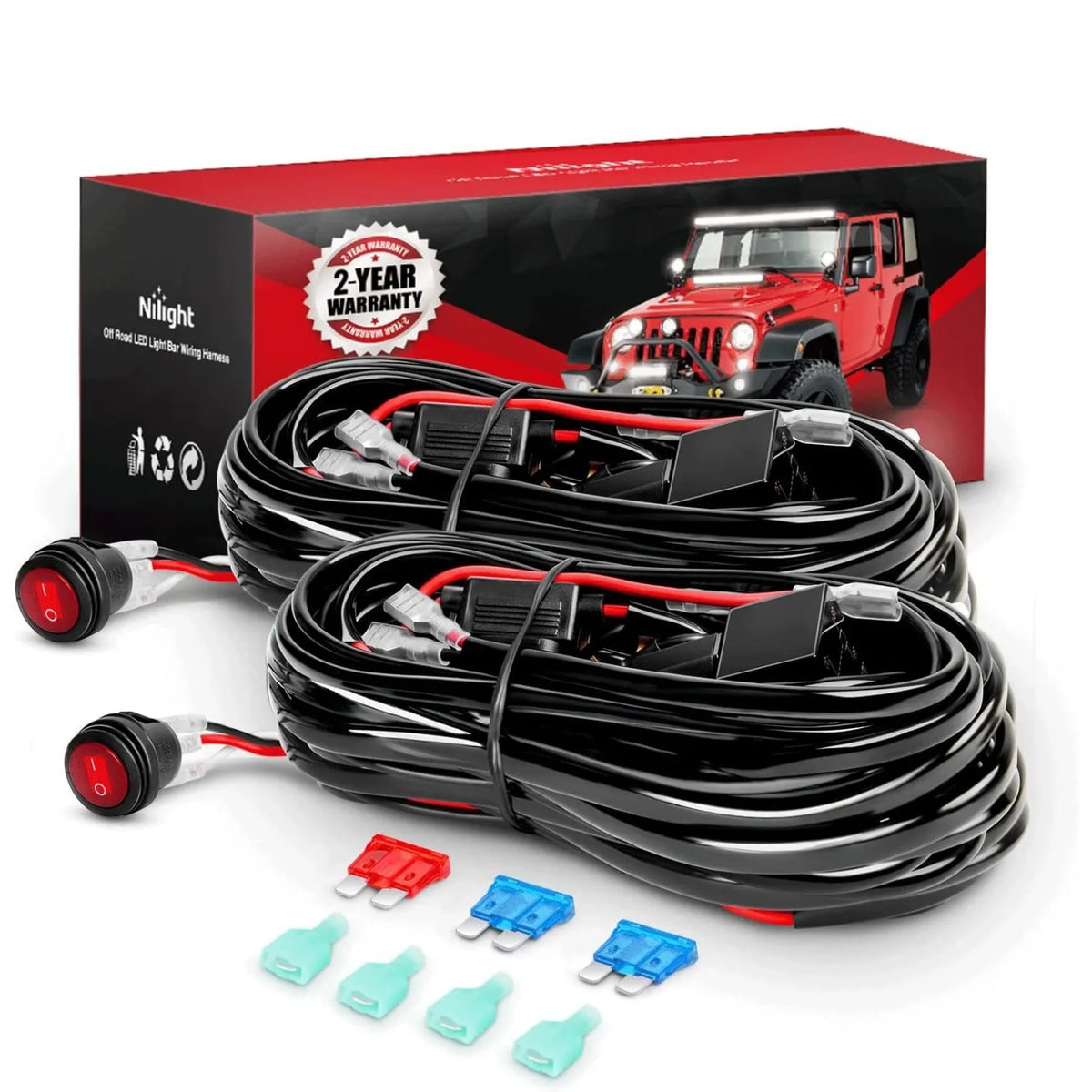 A box and coiled black LED light bar wiring harness kit with an on/off switch and relay components.