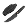 A black full tang fixed blade knife with a G10 handle and Kydex sheath shown in profile.