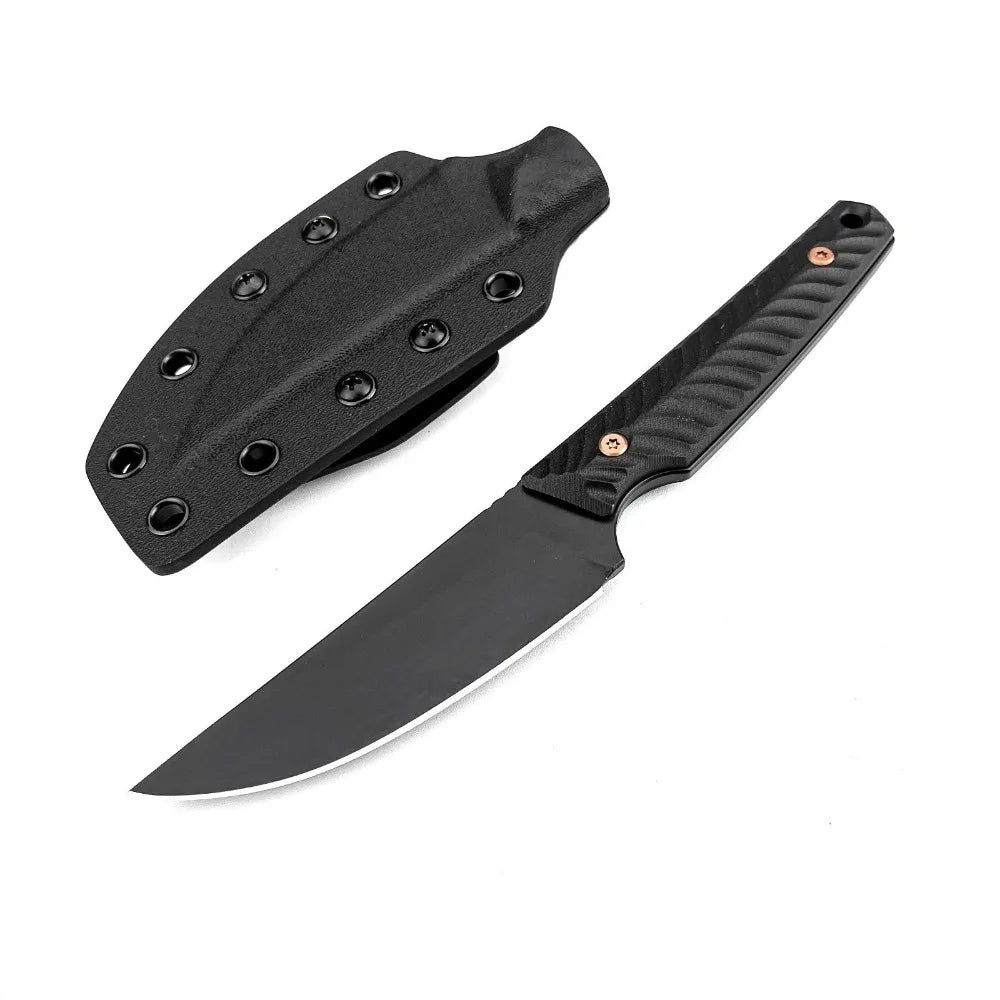 A black full tang fixed blade knife with a G10 handle and Kydex sheath shown in profile.