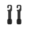 A pair of black universal car headrest hooks for storage and hanging items.