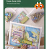 A hand holds an 8-piece transparent mesh zipper pouch set containing various puzzle pieces and small items.