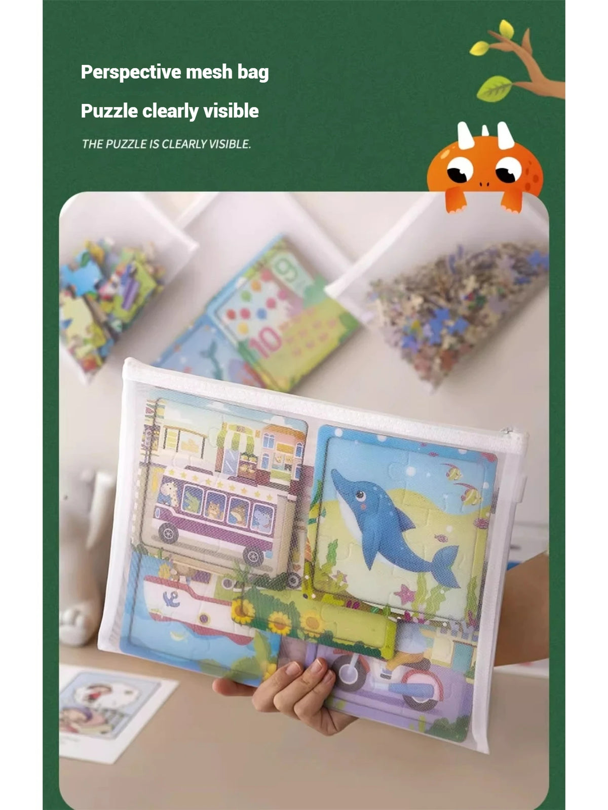 A hand holds an 8-piece transparent mesh zipper pouch set containing various puzzle pieces and small items.