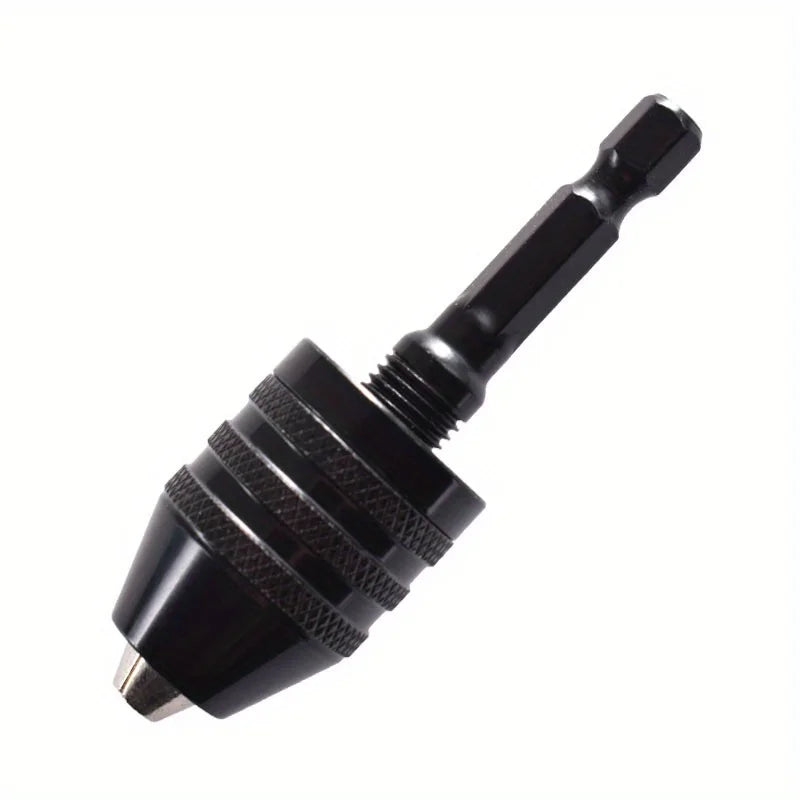 Black quick-change hex shank drill chuck with a round handle