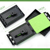 A black guitar fretboard cleaning kit with a green microfiber cloth and measuring lines.