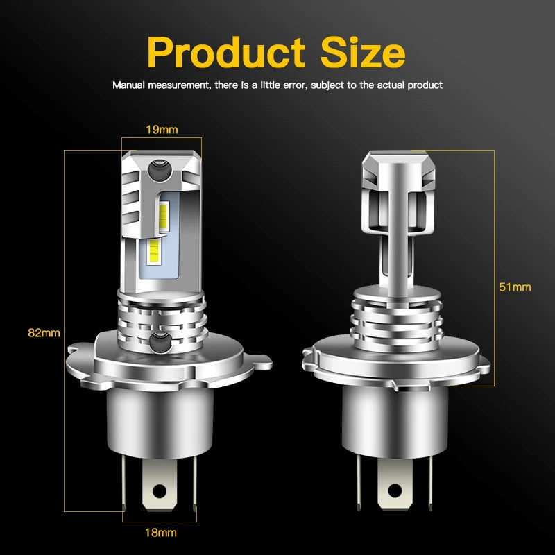 Diagram showing the size and dimensions of an H4 LED headlight bulb, including various measurements.