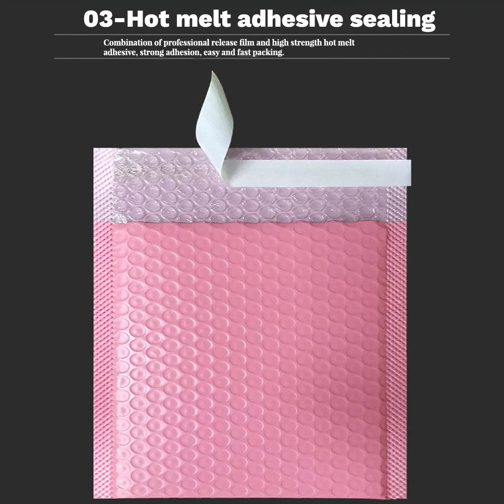Pink padded bubble mailer with a white sealing flap
