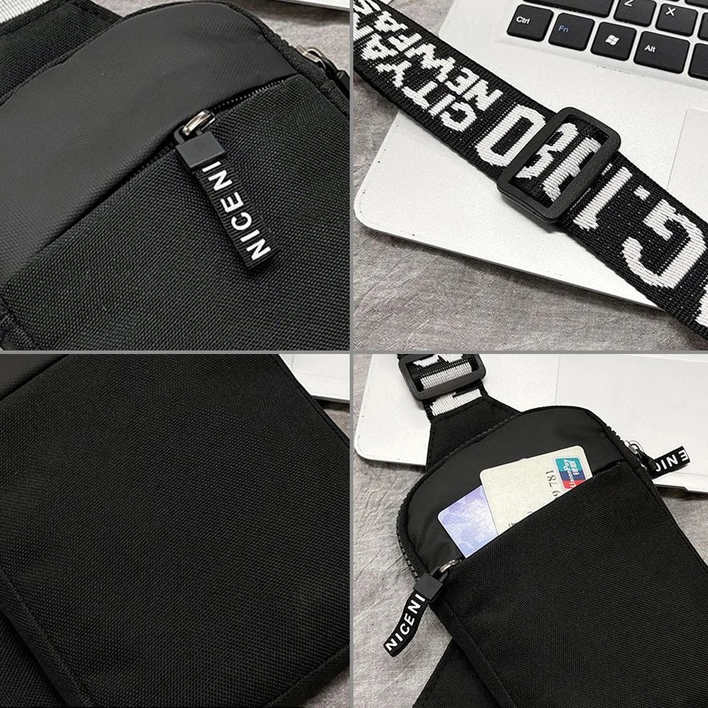 Black canvas chest bag with a zipper closure and a black strap featuring white text