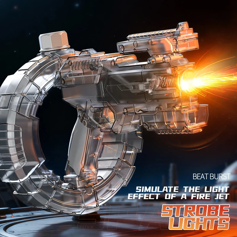 A silver LED light-up electric water blaster with a large tank firing a bright orange jet of light.