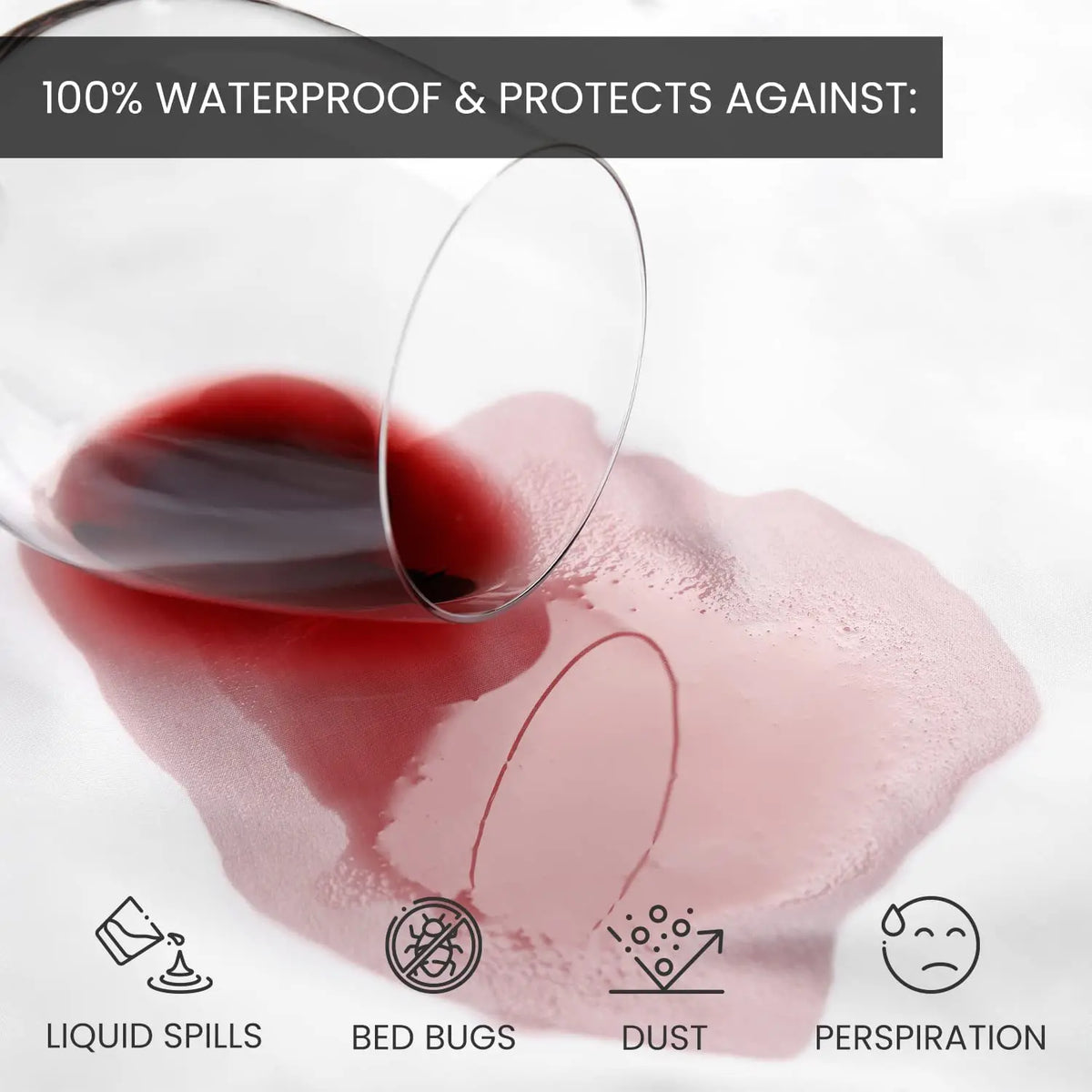 A close-up shot of a clear liquid being poured onto a pink surface, demonstrating the waterproof protection of pillow protect