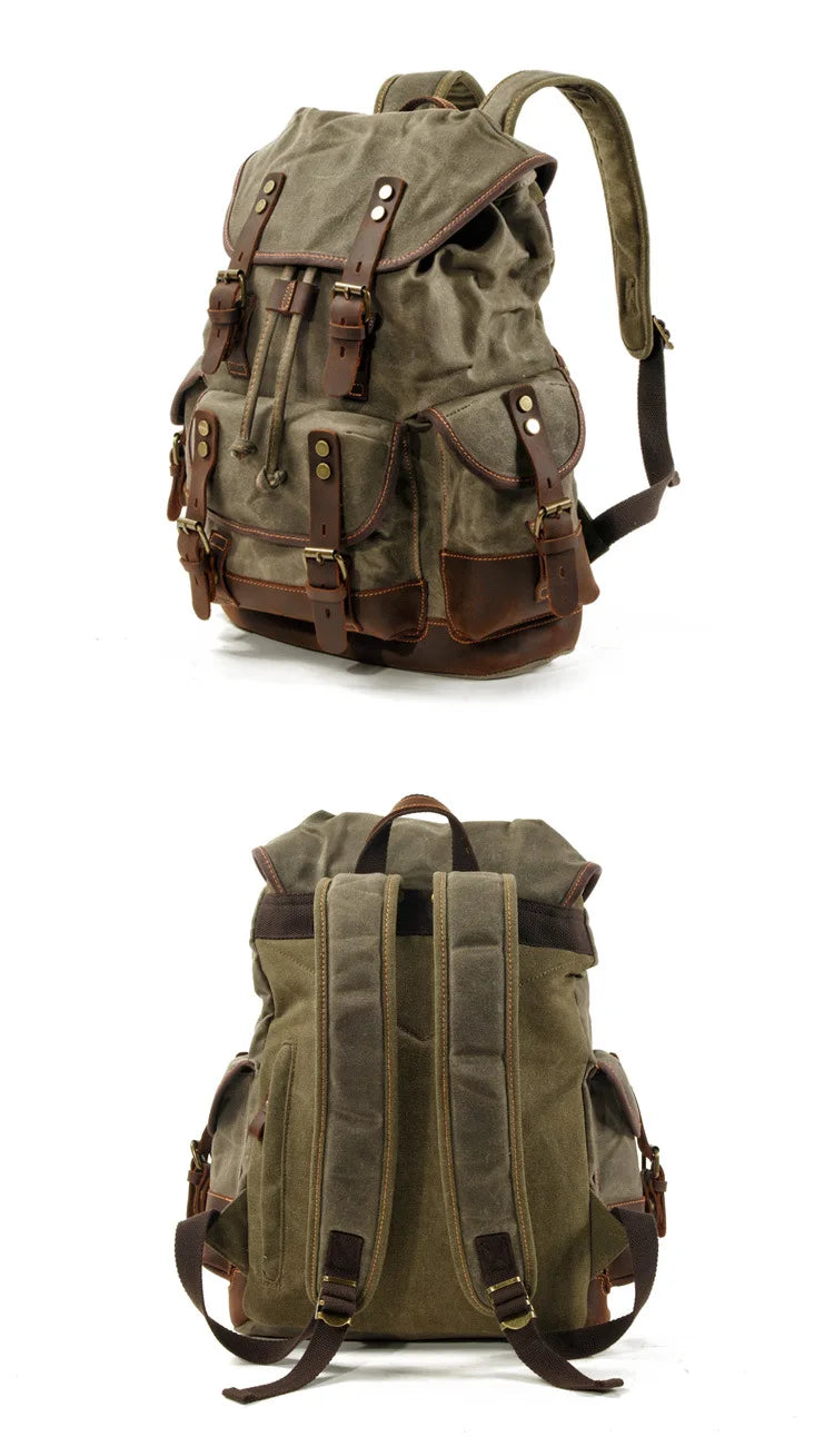 Canvas & Leather Travel Backpack – Waterproof, Large Capacity for School, Work & Hiking