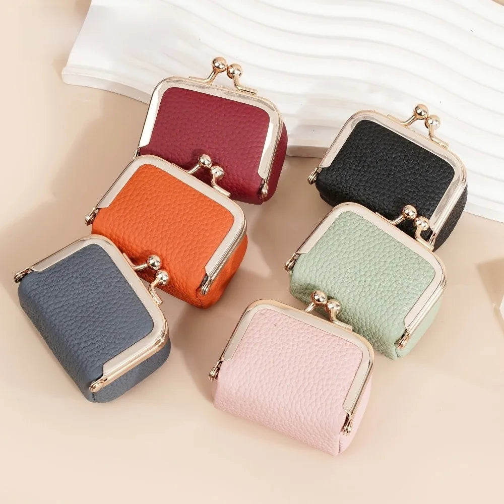 Genuine Leather Kiss Lock Coin Purse with Key Ring