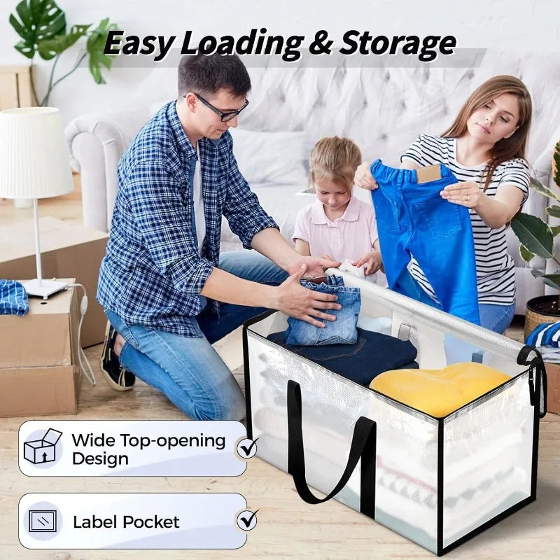 A man and a woman are using extra-large heavy-duty moving bags with clear lids and reinforced handles for easy loading and st