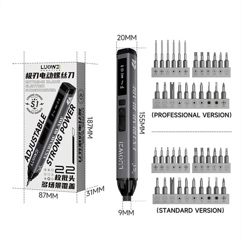 A package showing a Luowei precision electric screwdriver with an adjustable blade and strong power, alongside various screwd