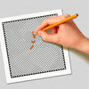 A hand uses an orange pencil to mark a line on a black and white grid pattern for a mystery mosaic coloring book.