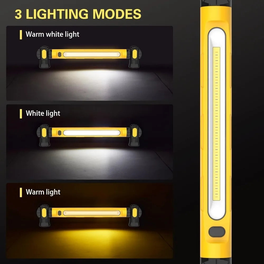 A yellow magnetic rechargeable COB work light showing three lighting modes: warm white, white, and warm light.