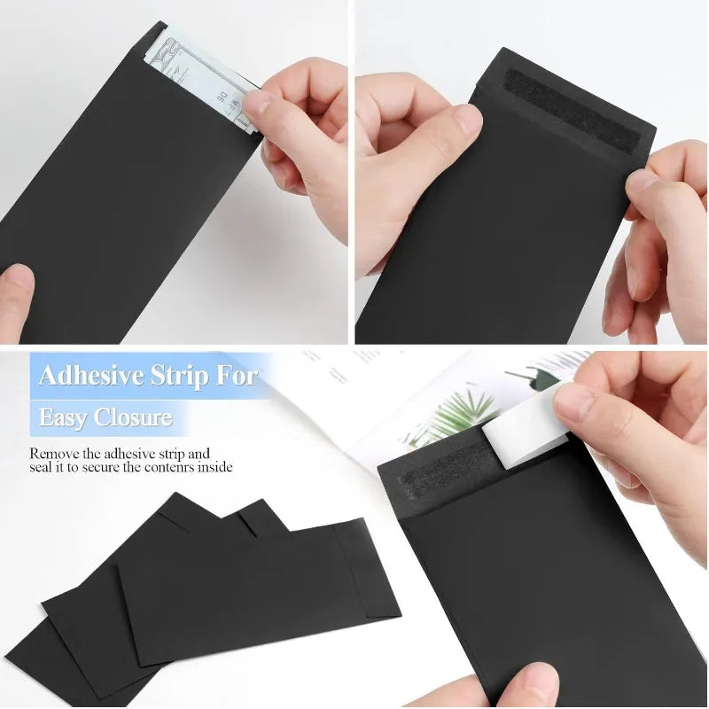 Black adhesive strip for easy closure on kraft paper cash envelopes
