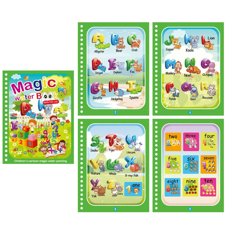 A set of eight reusable magic water drawing books featuring various animals and numbers for children.