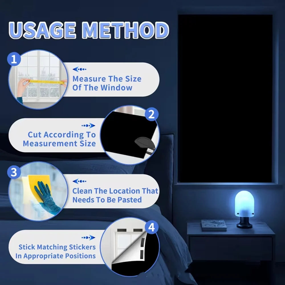 Step-by-step guide showing how to install self-adhesive blackout blinds in a window.