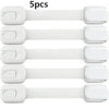 Five white child safety cabinet locks with flexible straps shown side by side.