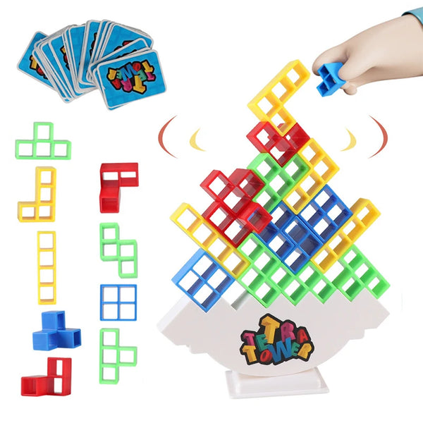 A set of colorful building blocks and cards for a stacking tower balance game.