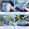 Four images showing a blue microfiber mitt used for cleaning car paint, wiping interiors, scrubbing glass, and cleaning up a 