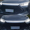 Close-up of a car's front grille and headlight with an LED light strip installed on the hood.