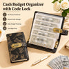A black cash budget organizer with a code lock holds stacks of US currency and is shown next to a gold pen.