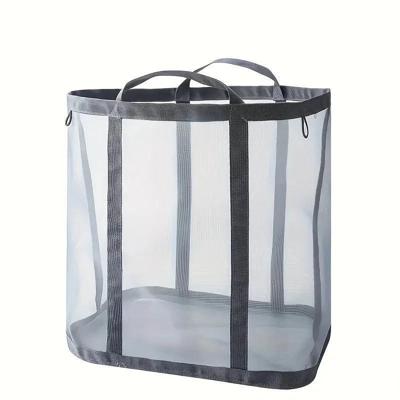A clear mesh laundry basket with a gray frame and handle.