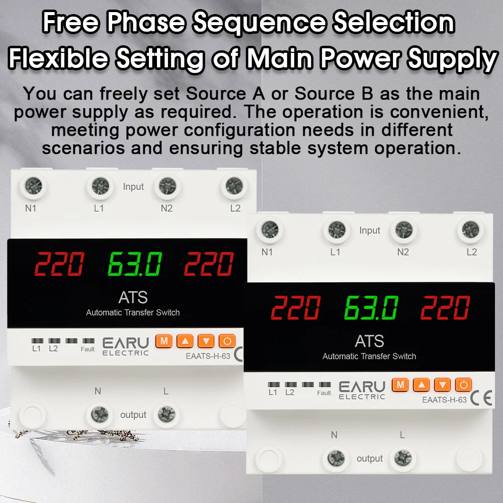 A dual power automatic transfer switch unit showing input and output terminals for flexible main power supply selection.