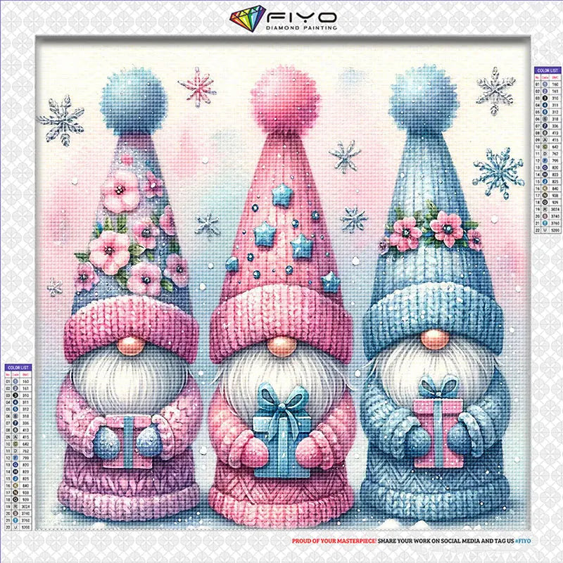Kit de peinture de diamants avec trois gnomes mosaïques colorés en rose et bleu avec des accents floraux