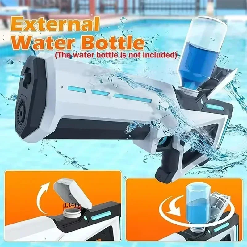 Weißes, automatisch elektrisches Wasserflaschen-Sprühgerät, das Wasser ausspuckt.