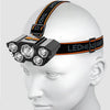 A black LED headlamp worn on a white mannequin head, featuring an orange strap and multiple light sources.
