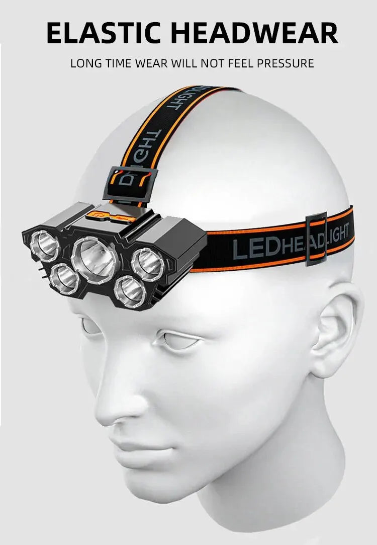 A black LED headlamp worn on a white mannequin head, featuring an orange strap and multiple light sources.