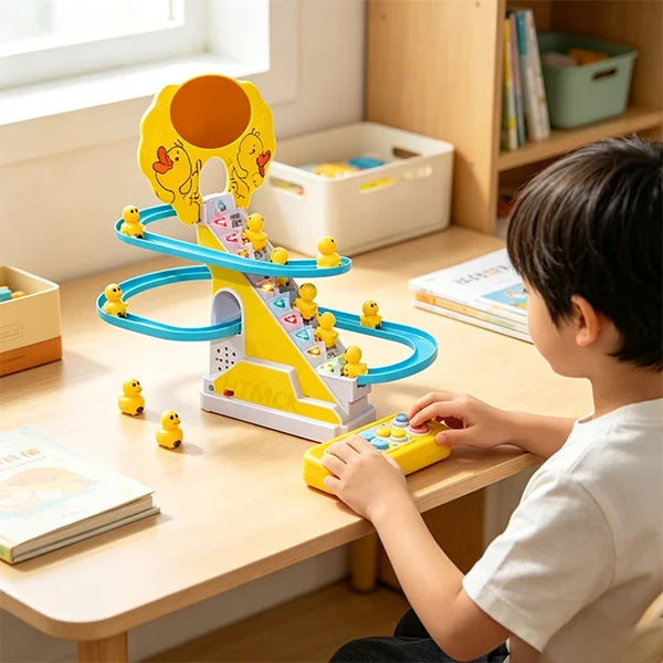A boy is playing with a yellow duck stair climbing track toy on a wooden table.