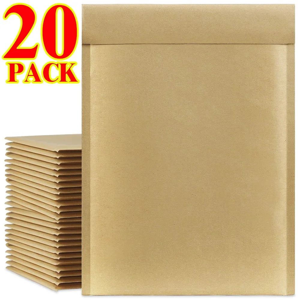 A stack of twenty kraft brown bubble mailers with self-seal adhesive.