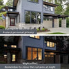 A two-part image showing a house with large windows during the day and night, illustrating privacy protection.