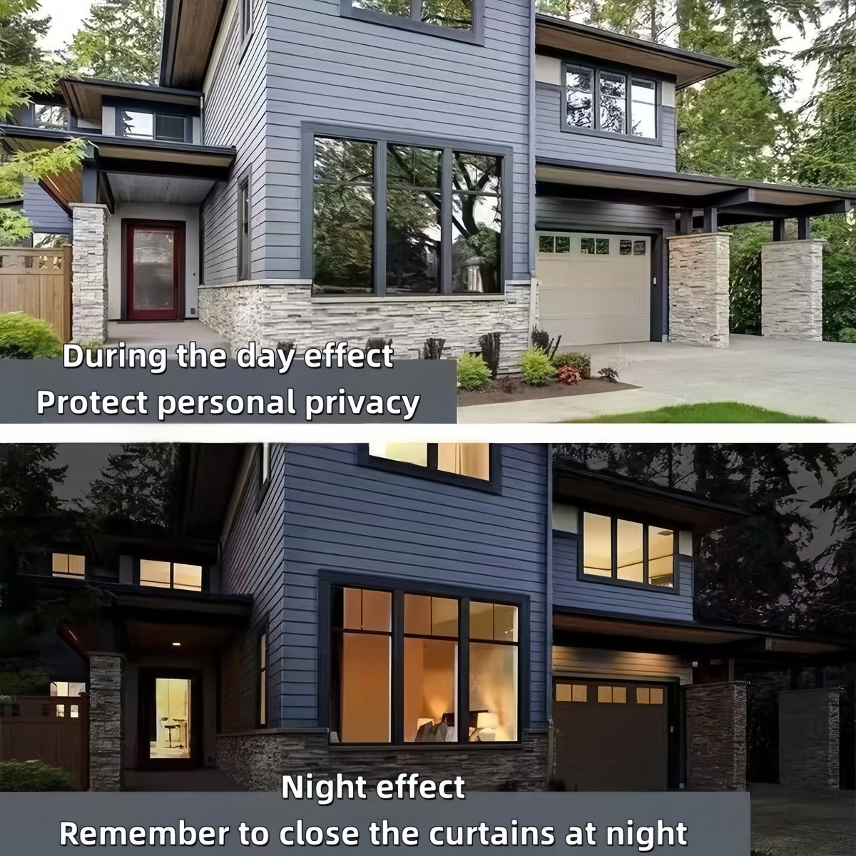 A two-part image showing a house with large windows during the day and night, illustrating privacy protection.