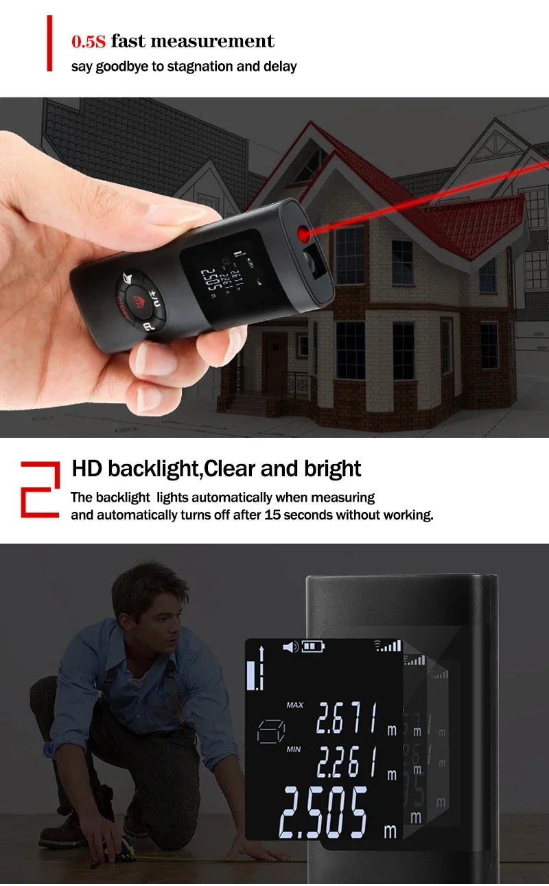 A hand holds a black laser distance measurer device, demonstrating its use for measuring distance to a house.