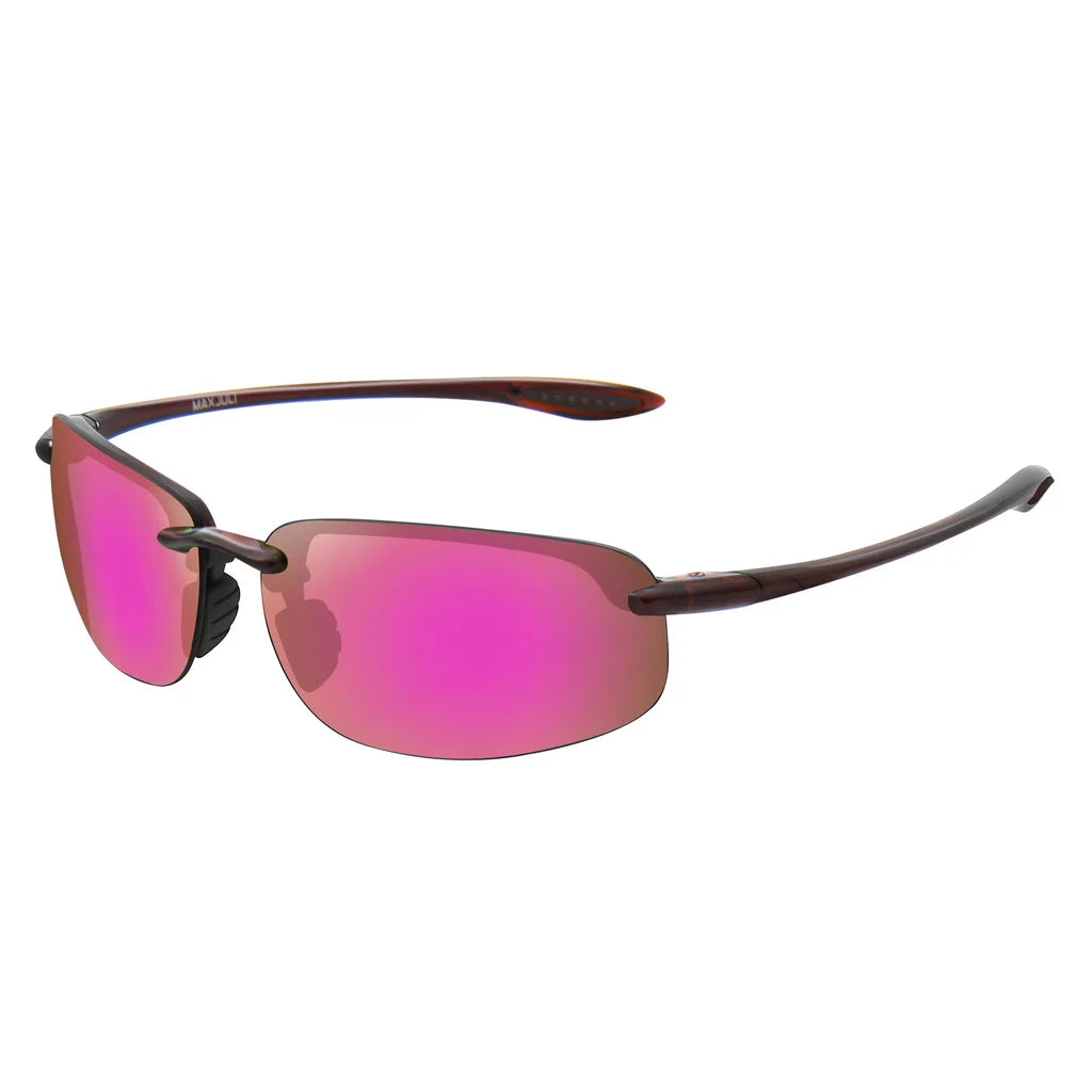 Rimless polarized sports sunglasses with a pink-purple lens and brown frame