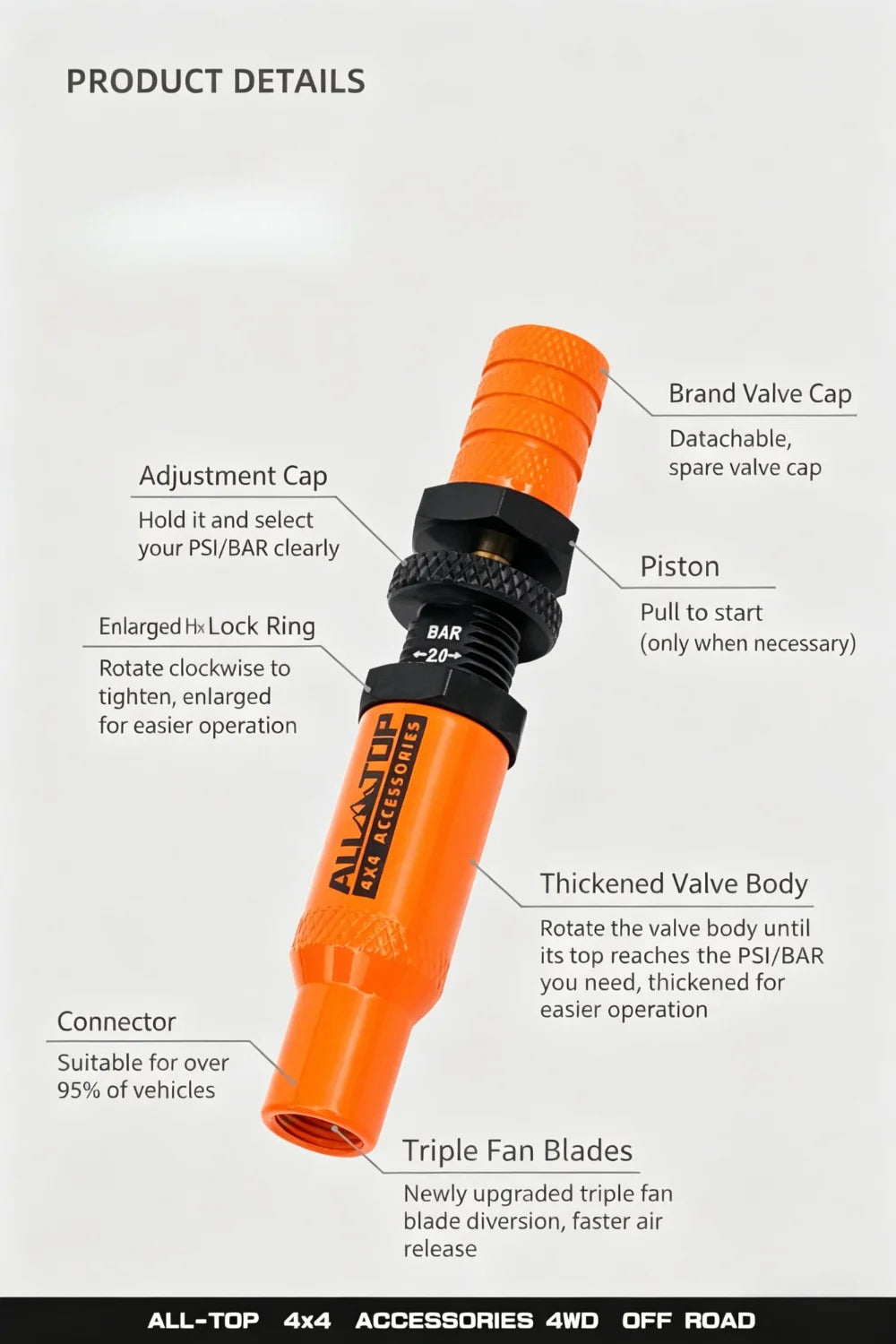 Orange All-Top 4x4 accessories tire deflator kit with adjustment cap and piston