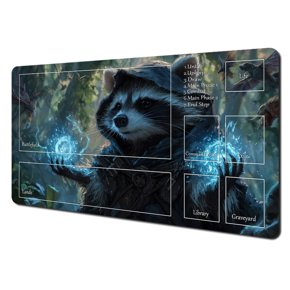 Fantasy card playmat featuring an illustration of a raccoon and rabbit in a dark forest setting.
