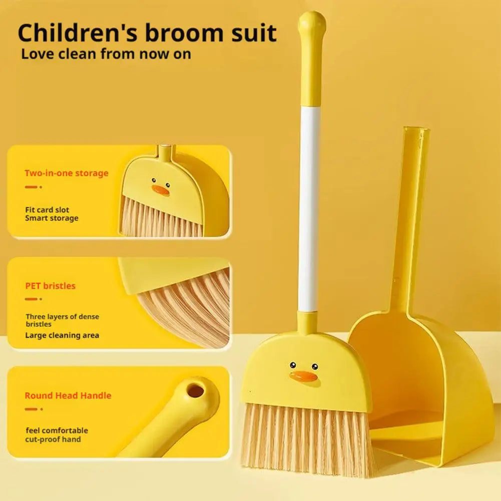 Yellow children's broom and dustpan set with a handle and bristles for cleaning