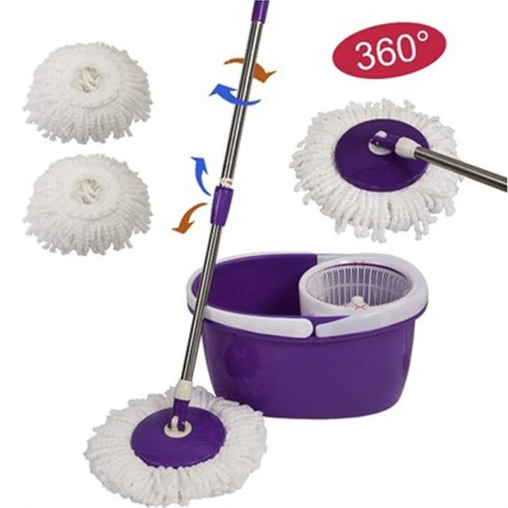 A purple spinning mop system showing replacement microfiber mop heads and a mop handle.
