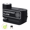 A black fingerprint alarm device is shown with a coiled wire and a pair of keys.